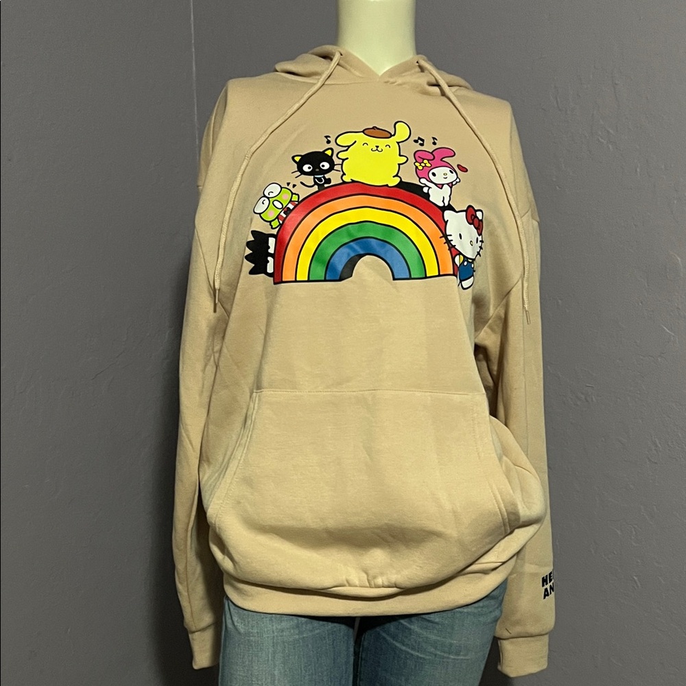 Beige Hello Kitty Hoodie with Rainbow Graphic